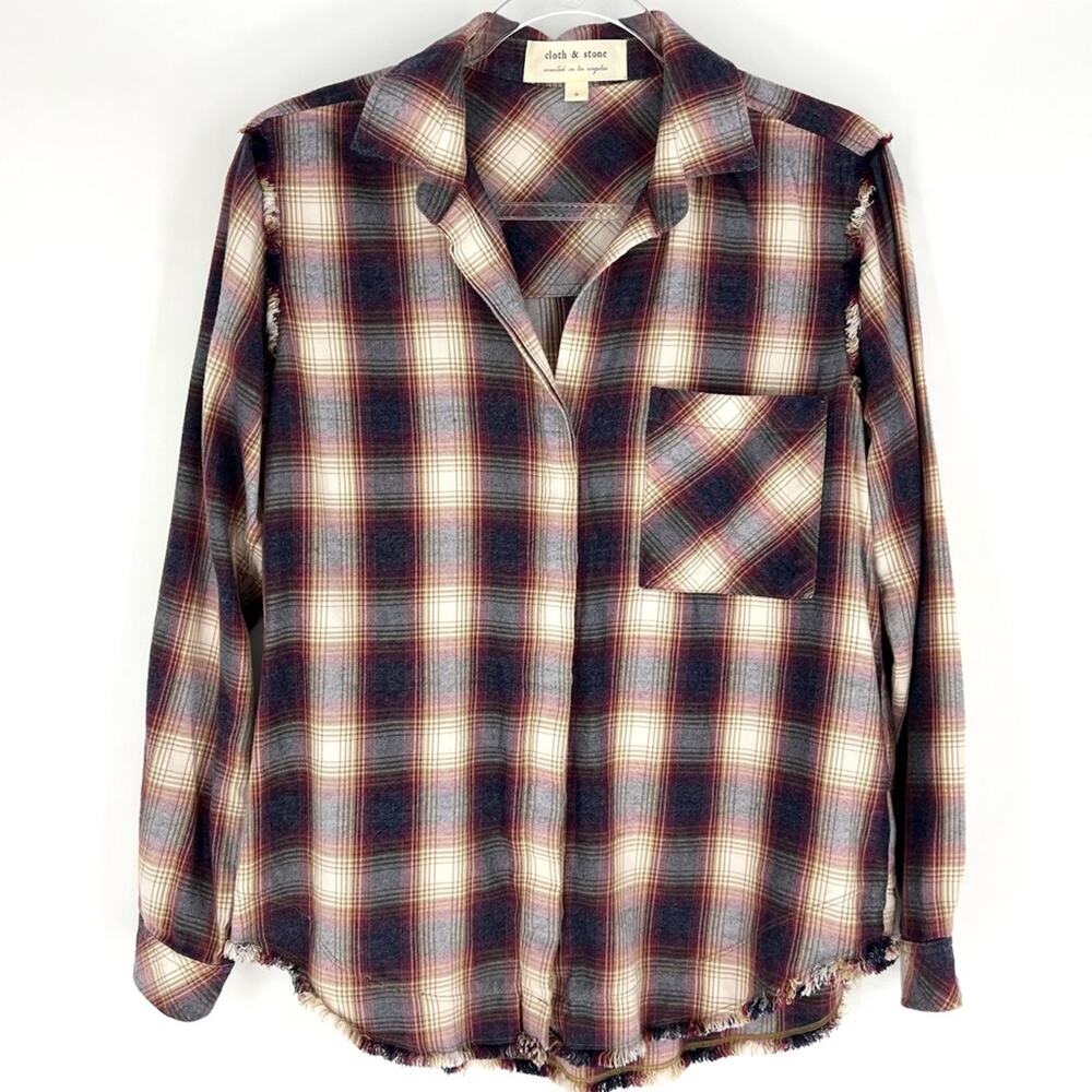 Cloth & Stone Crushed‎ Berry Fray Button Down Plaid Flannel Small